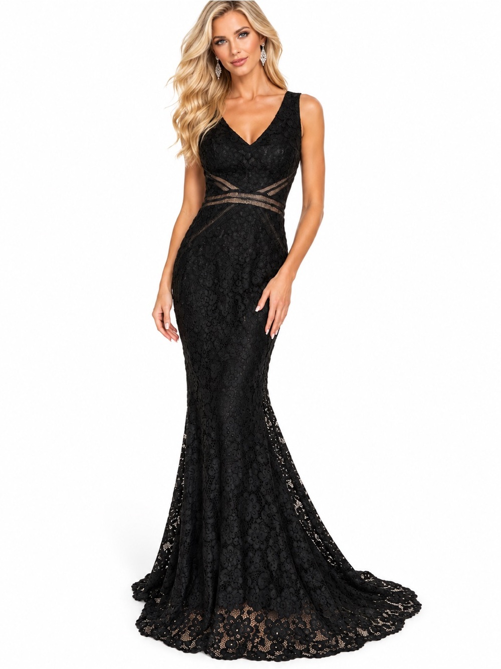 Lulus NWT Size L Black Floral Lace Mermaid Maxi Formal Evening Gown